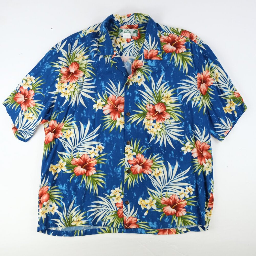 Two Palms Mens Hawaiian Shirt Large Rayon Button Up Blue Tropical Vacation